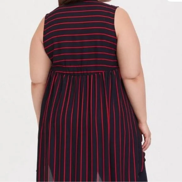 Torrid Lexie Georgette Sleeveless Hi Lo Navy Red Stripe Sheer Button Tunic Top - Picture 3 of 13